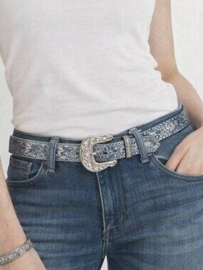 Omega Blue Leather Western Belt Silver Engraved Buckle Cowgirl Embossed Size S